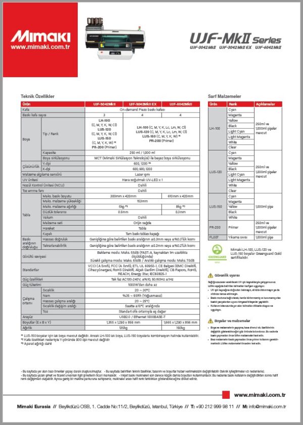 UJF-MkII Serisi Teknik Özellikleri